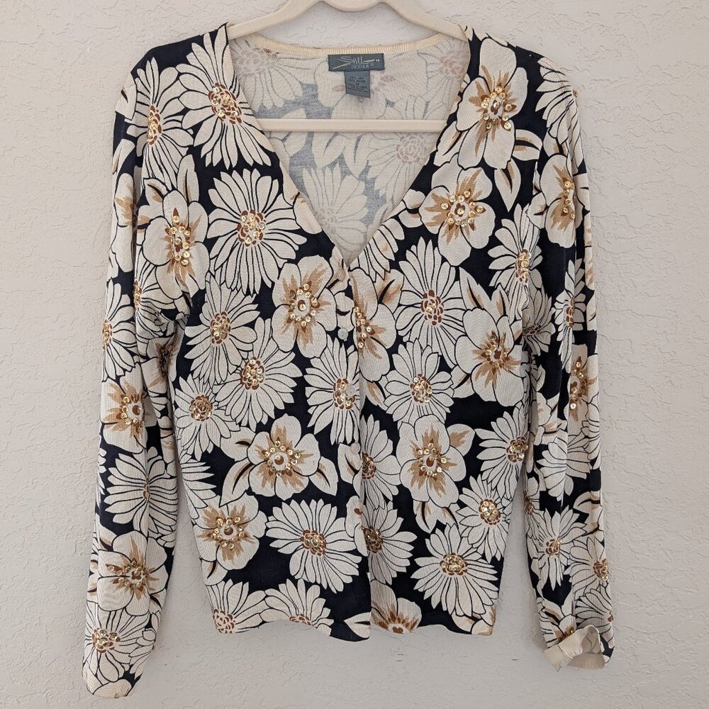 SML Design Silk Sequined Floral Cardigan Size M